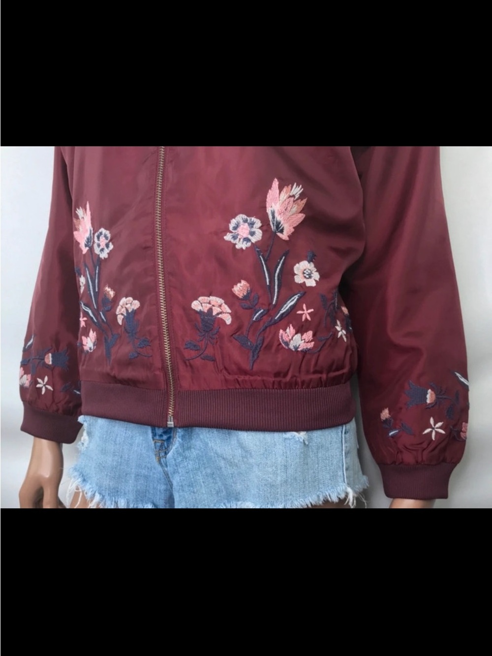 *NEW LOVE FIRE MAROON FLORAL CROCHETED BOMBER JACKET SIZE LARGE - Picture 2 of 12
